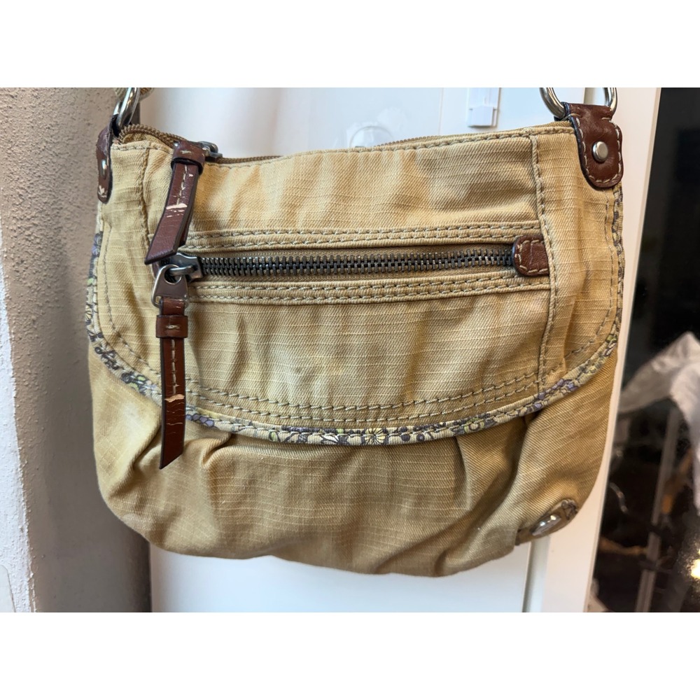 Fossil Canvas Crossbody Bag Tan Patchwork Lined Small Purse Leather Wear - Picture 2 of 7